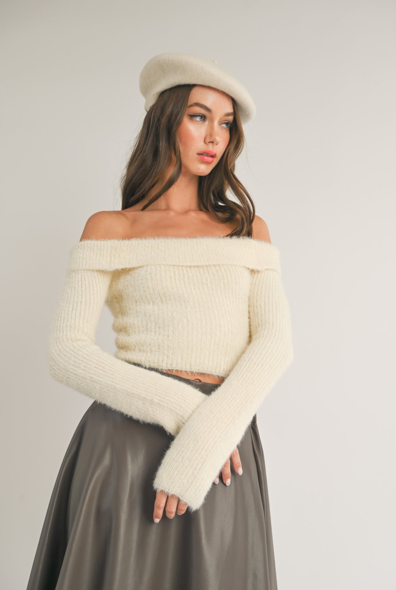 Ivory Off The Shoulder Cozy Crop