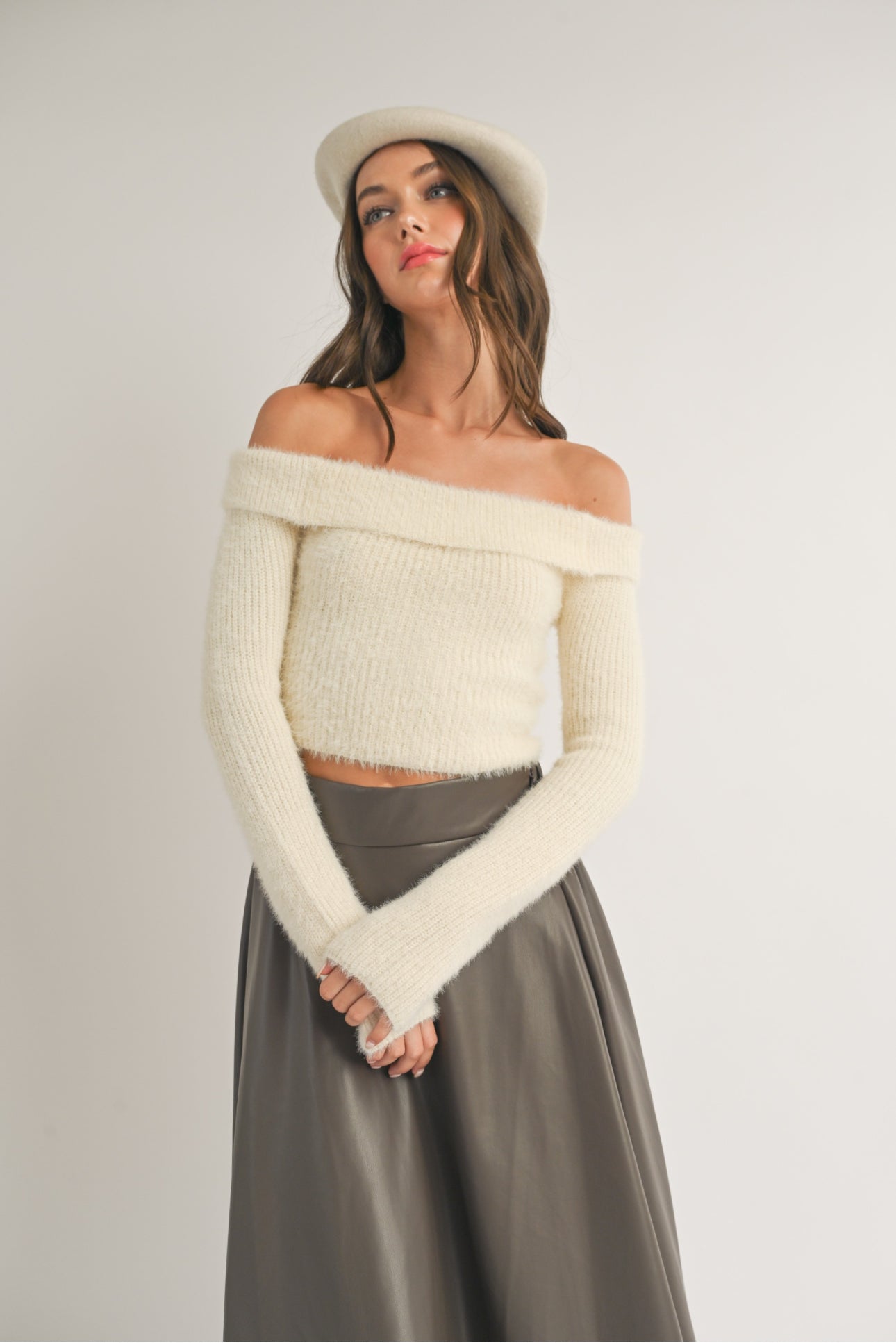 Ivory Off The Shoulder Cozy Crop