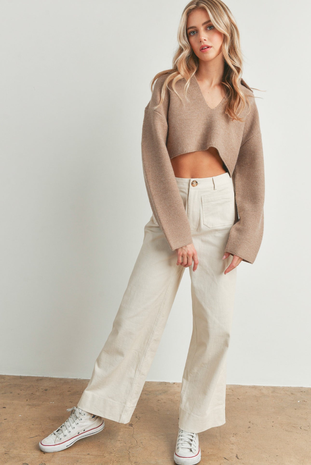 Taupe V-Neck Sweater Crop