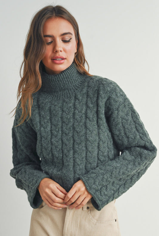 Olive Braided Turtleneck Sweater